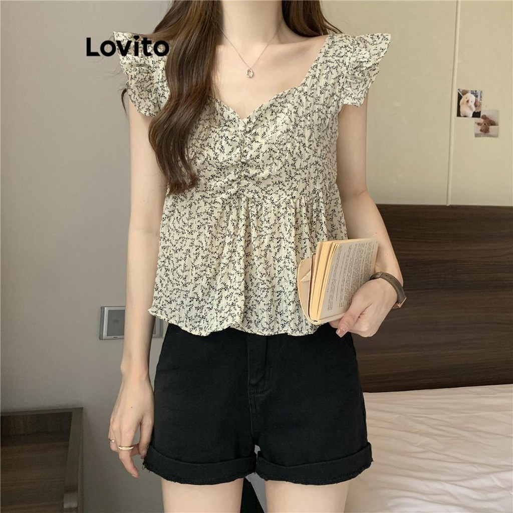 Detalhes do Lovito Linda Blusa Franzida De Verão/Primavera Para Mulheres LNE380986