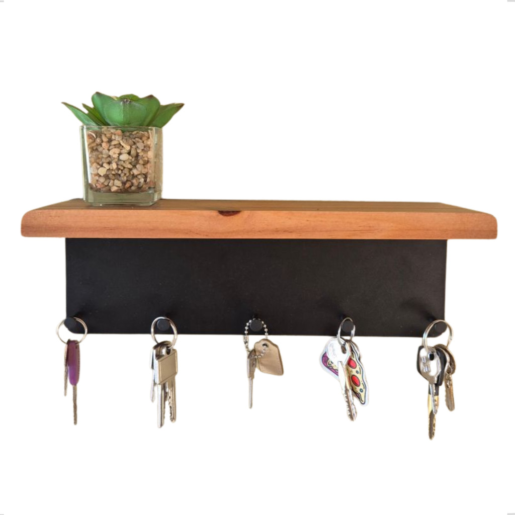Suporte Organizador Porta Chaves Preta Prateleira Decorativo Rustico Madeira Aço ParafusoGeguton