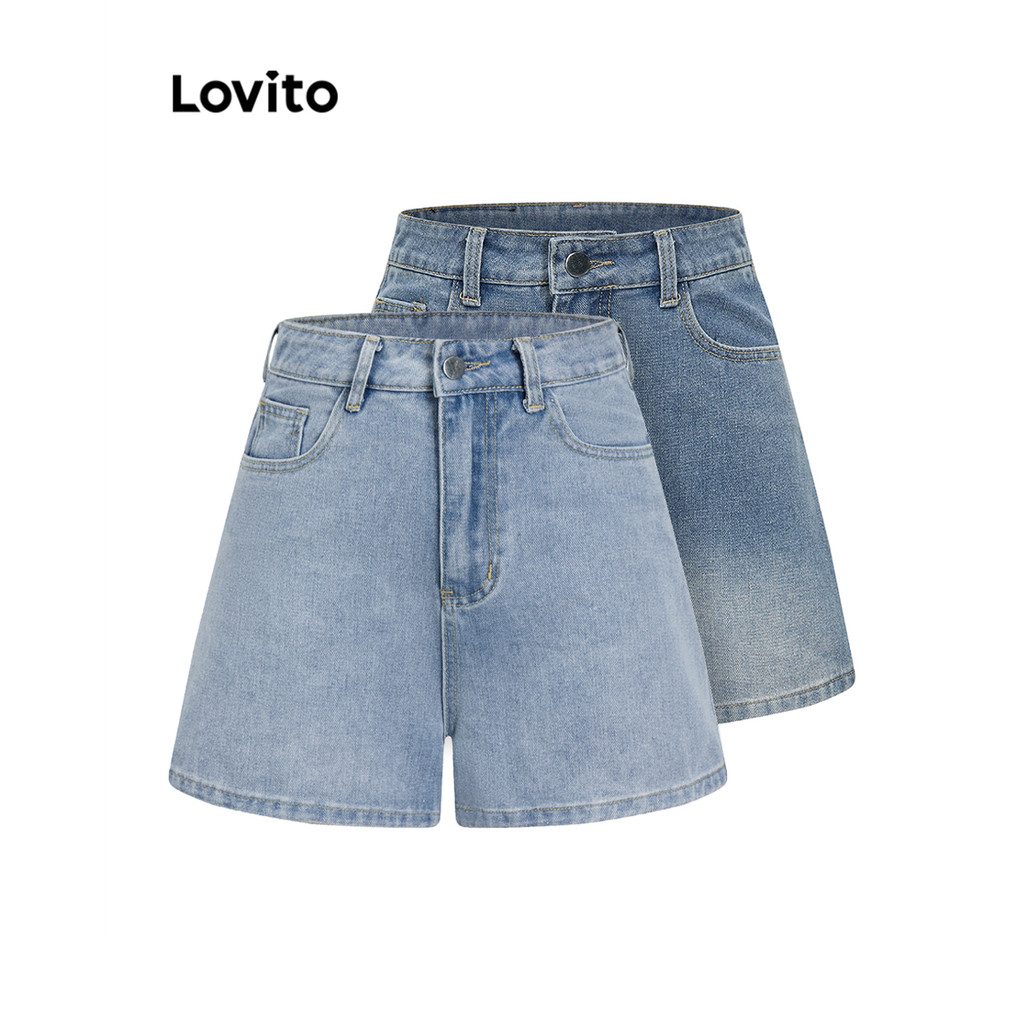 Lovito Shorts Jeans Casuais Com Botões Lisos Para Mulheres L82AD168 (Multicolorido) - Women Clothes