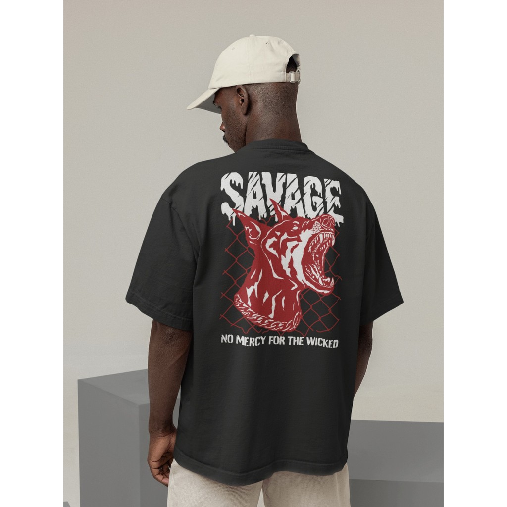Camiseta Oversized Gola Alta Streetwear Masculino e Feminino 100% AlgodãoPreto e Off Whte Estampado - SAVAGE