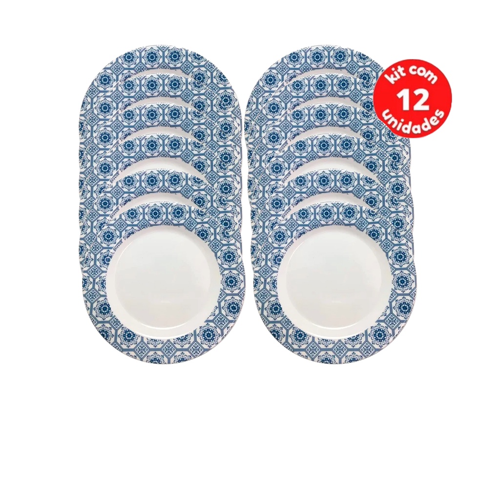 Conjunto de 12 Pratos Fundo Decorado Refeição Festa Melamina 25cm