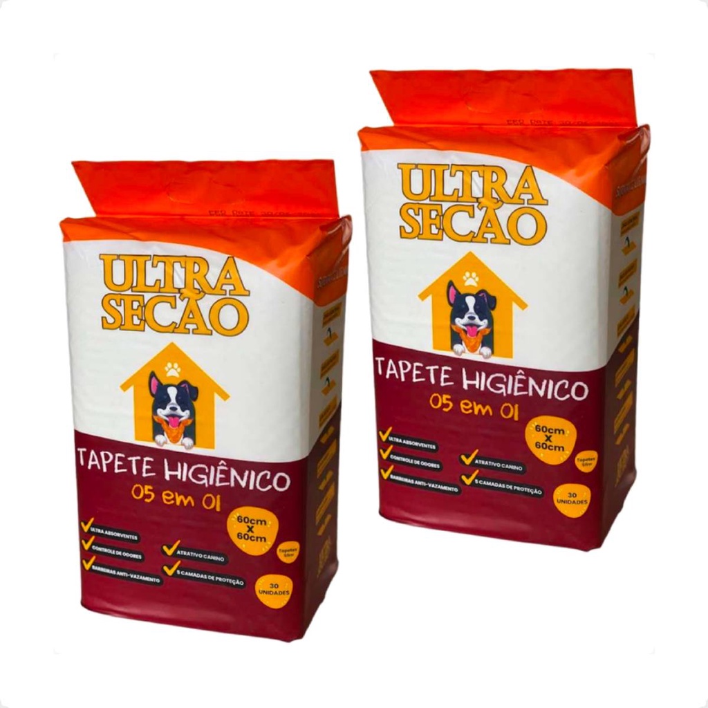 Kit 2 Tapete Higiênico Ultra Secão 05 em 01 60x60 para Cães - 30 Unidades