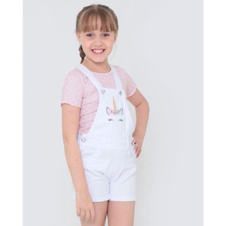 Jardineira Infantil Sarja Unicórnio Branca
