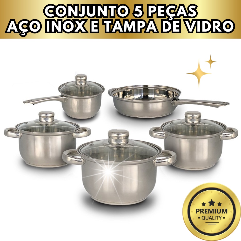 Conjunto de Panela 5 Peças Aço Inox Tampa Vidro Antiaderente Não Gruda Sem Óleo Jogo de Cozinha Premium Frigideira Caçarola Luxo