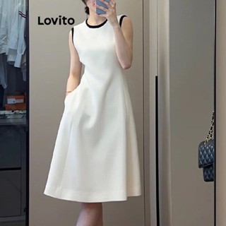 Lovito Vestido Elegante Liso E Contrastante Para Mulheres LNE34045 (Branco)