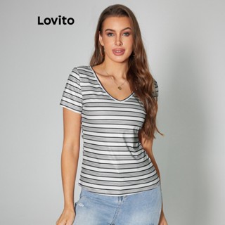 Lovito Casual Camiseta Feminina Listrada Básica LBA05137 (Preto e Branco)