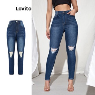 Lovito Casual Calça Jeans Feminina Lisa Rasgada com Bolso e Botão LBA05093 (Azul)