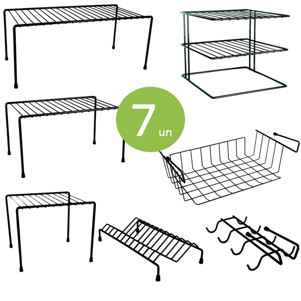 Kit 7 Organizador de Armario Cozinha Aço Preto em Oferta na Shopee