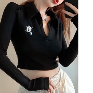 Lovito Casual Camiseta Feminina Lisa Básica com Bordado LNE29193 (Preto)