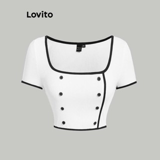 Lovito Casual Lisa Camiseta Feminina de Manga Curta Contrastante com Botão L64AD016 (Branca)
