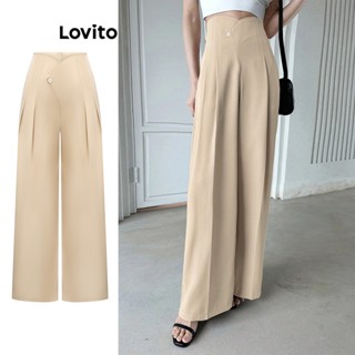 Lovito Casual Calça Feminina Lisa Assimétrica com Botão L71ED113 (Cáqui)