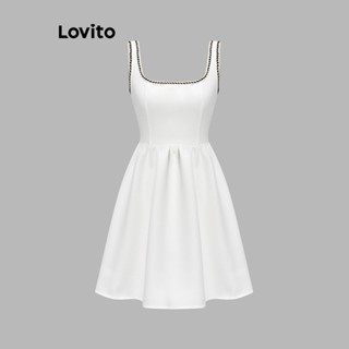 Lovito Elegante Liso Vestido Evasê Feminino com Gola com Babado L65ED164 (Off White)
