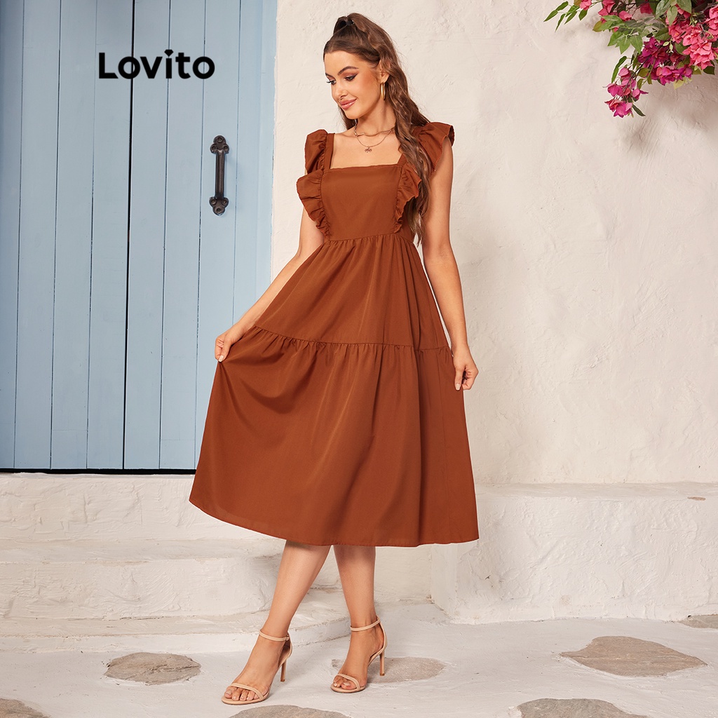 Lovito Vestido Feminino Boho Liso Decote Quadrado Com Babado L37LD099 (Marrom)