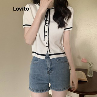 Lovito Elegante Blusa Feminina De Tricô Lisa Com Amarração Frontal Botão E Costura Contrastante LNL01001 (Branca/Preta)