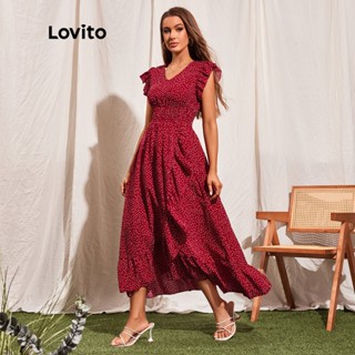 Lovito Casual Vestido Feminino De Bolinhas Com Babado E Manga Esvoaçante Cintura Alta Elástica L45LD057 (Vermelho)