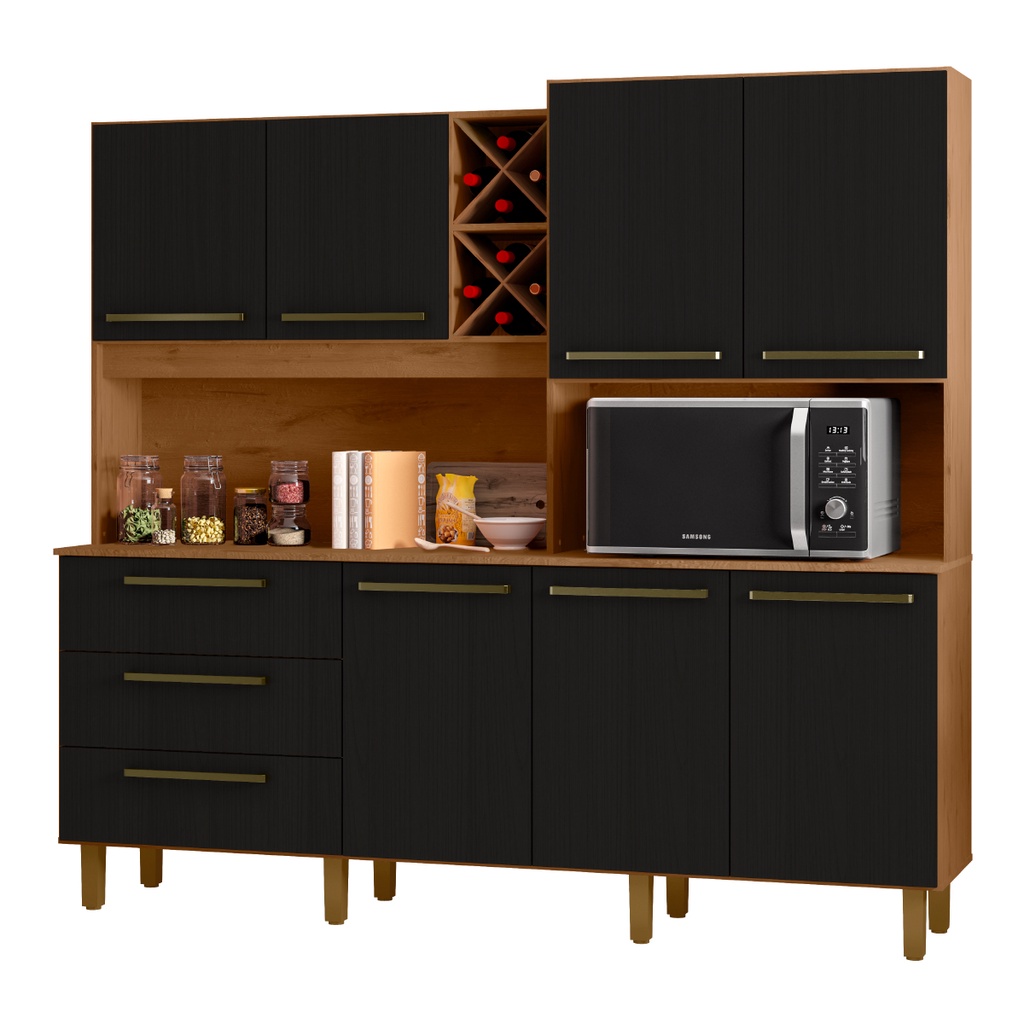 Armário de Cozinha Completa Com Adega 7 Portas 3 Gavetas 2,07m Ajax Nature / Preto Zanzini - Home & Living