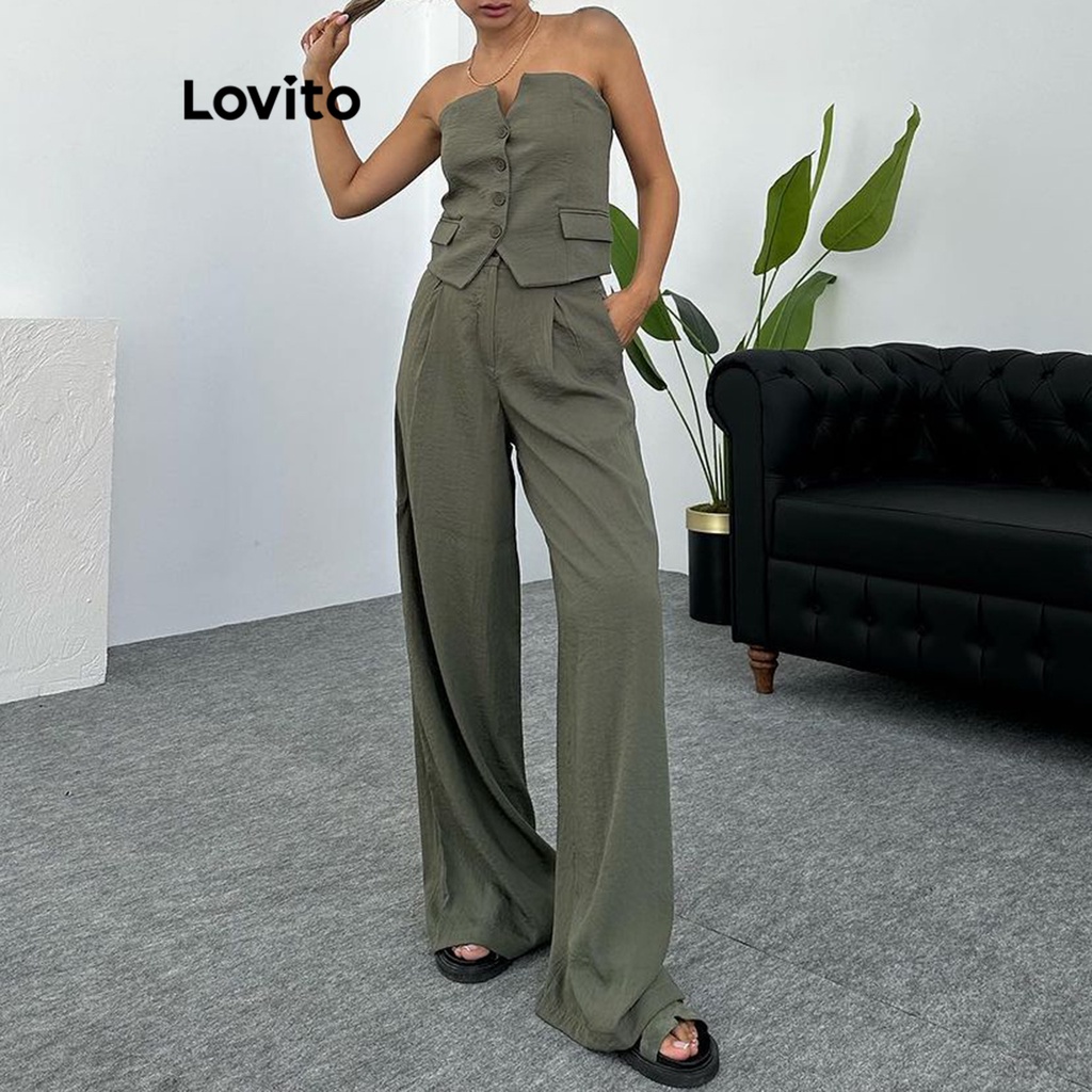 Lovito Conjunto De Calças Casuais Com Botões Lisos Para Mulheres LNE31012 (Damasco/Azeitona)