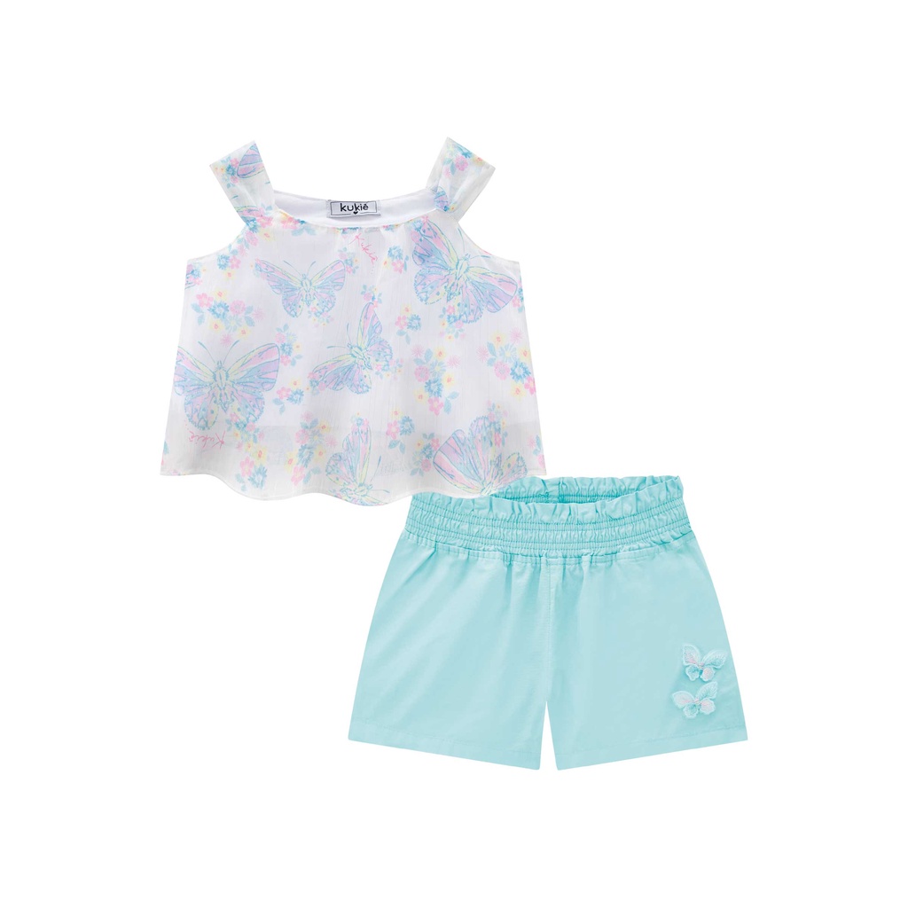 Conjunto Infantil Bata em Chiffon Brilho Borboletas e Shorts em Tricoline  Aplique Borboletas - Kukiê