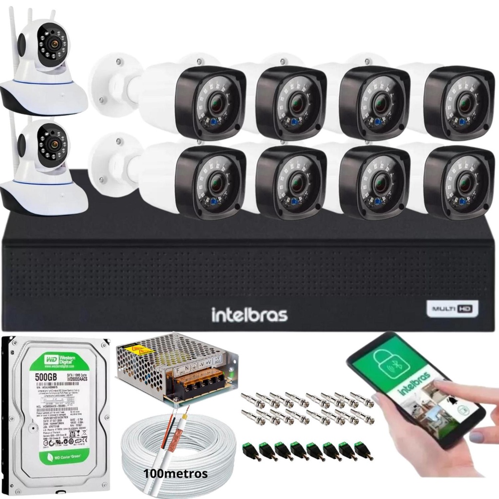 Kit Dvr Intelbras 8 Canais H.265 500GB 8 Câmeras Full Hd 20 Metros+2 Câmeras IP c/Audio