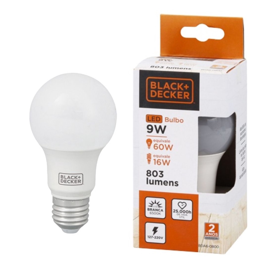 Lâmpada Led Bulbo A60 9W Luz Branca 6500K 1018 lumens Black Decker em Oferta na Shopee