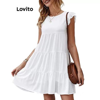 Lovito Vestido Boho Liso Com Babados Para Mulheres LNL35007 (Branco/Verde/Preto)
