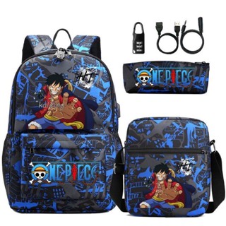 One Piece Anime Mochila USB Grande Capacidade 3-Piece Set Schoolbag