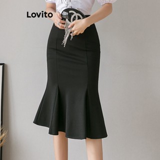 Lovito Casual Saias com Babados Lisas para Mulheres LNA18053 (Preto)