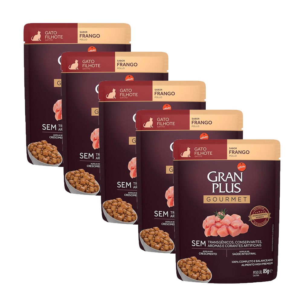KIT 5 Ração Úmida Gran Plus Gourmet Gatos Filhotes Frango Sachê 85g
