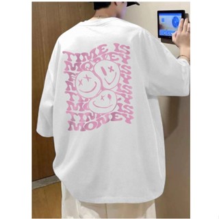 Camisa Blusa Camiseta Oversized Timeis Money Desenho Bordado Grafico Frente Costas Frase Tempo é Dinheiro Emoji Sorridente Blusa Manga Curta Ombro Caido Long Line Streetwear