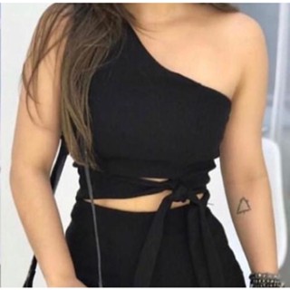 Cropped Feminino Bengaline Tendência Modelo de uma Alça com Detalhe de Amarrar na Cintura