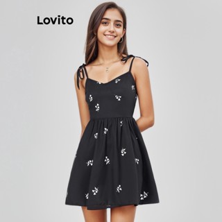 Lovito Boho Vestido Feminino com Estampa Floral Evasê L68ED320 (Preto)