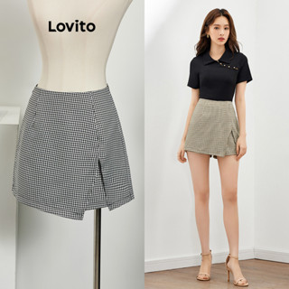 Lovito Shorts Casual Xadrez Com Zíper Frontal Dividido Para Mulheres L47ED038 (Multicolorido)