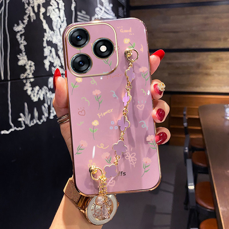 Caixa Infinix Smart 8 Pro Plus Hot 40i Tecno Spark Go 2024 20 20C Pop 8 Itel P55 BG7n Pequeno Padrão De Flor Com Bracelete De Quatro Folhas À Prova De Choque Para Telefone