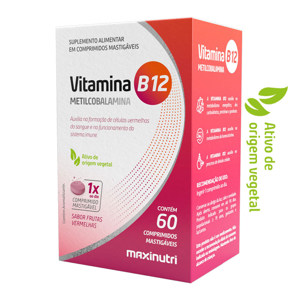 Vitamina B-12 Metilcobalamina Mastigável 60 Comprimidos Sabor Frutas Vermelhas Maxinutri em Oferta na Shopee