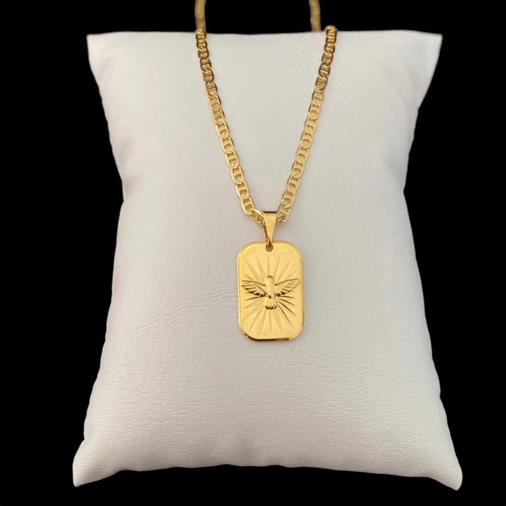 Correntinha Cordão com Pingente Placa Espirito Santo Banhado a Ouro 18k Corrente Masculina