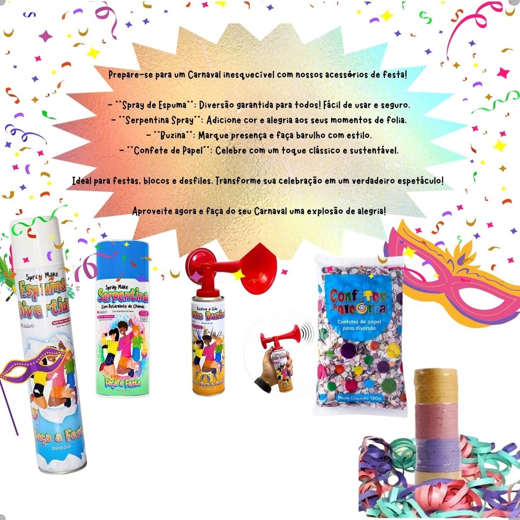 KIT CARNAVAL FOMATURA LANÇA ESPUMA CONFETES DE PAPELBUZINA SERPENTINA SPRAY AZUL SERPENTINA DE PAPEL