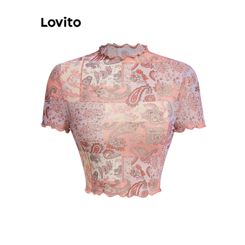 Lovito Camiseta Casual Com Acabamento Em Alface Floral Para Mulheres L85AD205 - Women Clothes