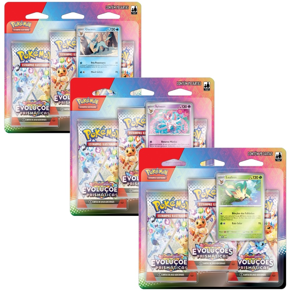 BLISTER TRIPLO GLACEON SYLVEON LEAFEON EVOLUÇÕES PRISMÁTICAS EV8.5 COPAG POKÉMON TCG 3 BOOSTER CARTA em Oferta na Shopee