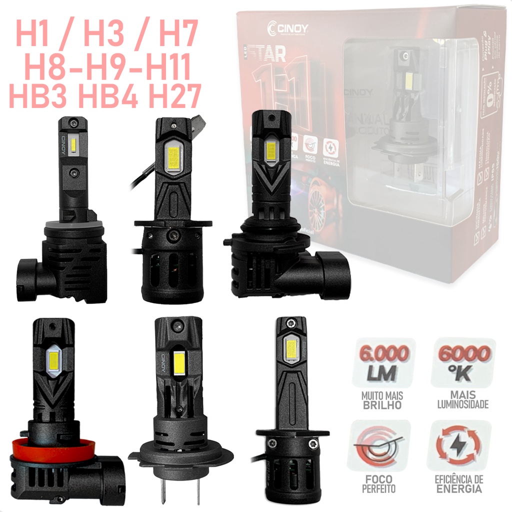 Par Mini Lâmpada Cinoy Super LED Star 1:1 Encaixe Original  H1 H3 H7 H8 H9 H11 HB3 HB4 H27 em Oferta na Shopee