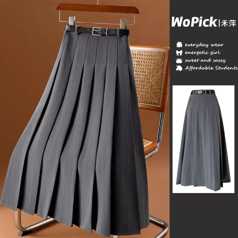 Terno cinza saia de comprimento médio feminino outono Retro mais magro olhar a linha saia longa elegante saia plissada