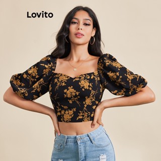 Lovito Blusa Crop Floral Miúda para Mulheres LBE03065 (Preto)