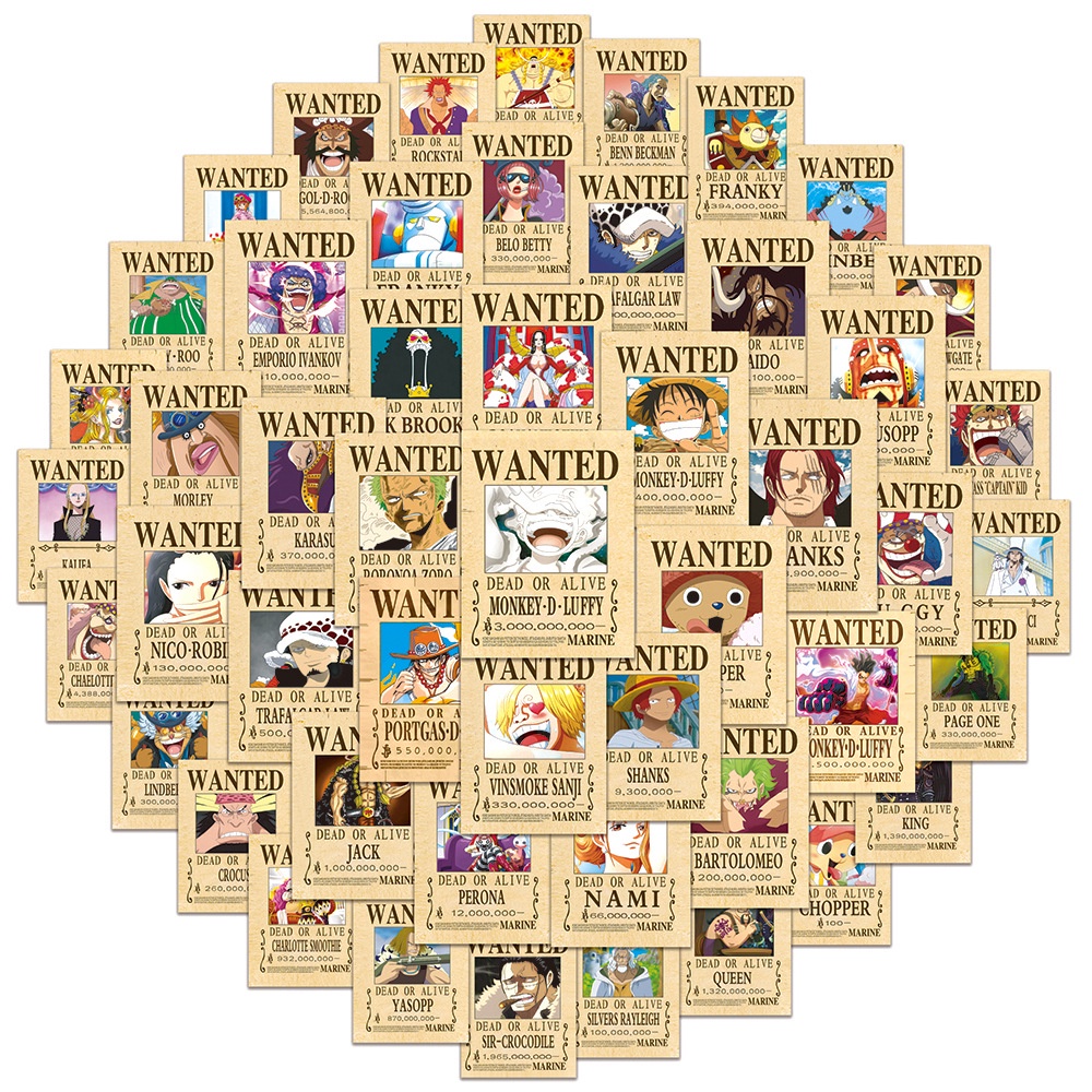 50 Cartoon Anime ONEPIECE Wanted Posters Pôsteres Decorativos À Prova D'água Autocolantes Para Capacete De Bicicleta Decalques De Lápis De Conta Manual LanLanStickersWorld