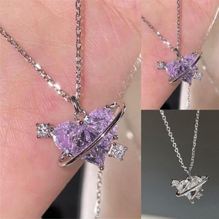 Nova Moda Y2K Crystal Heart Planet Pendant Necklace Para Mulheres Zircon Aesthetic Charm Clavicle Chain Party Jóias Meninas Presentes