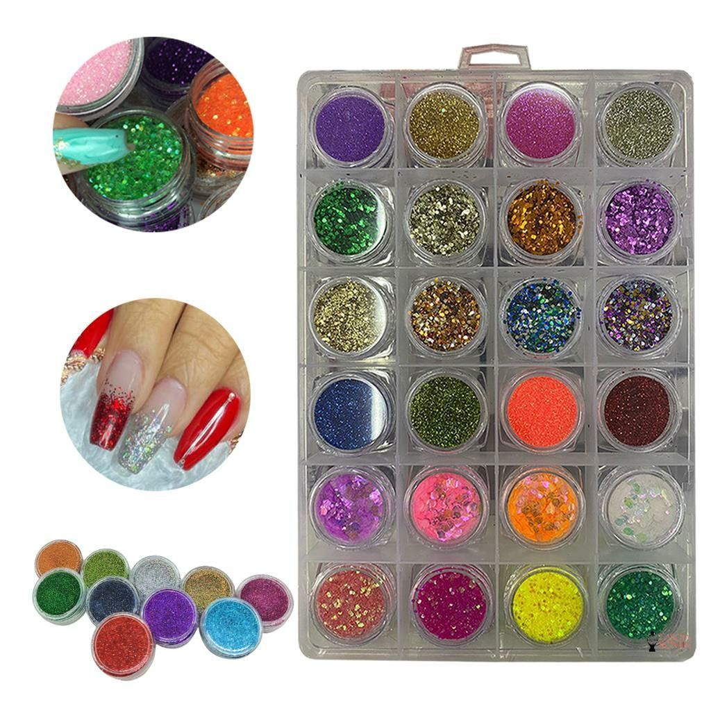 Kit 24 Glitter Flocado Cascata Para Decoração De Unhas Nail Art