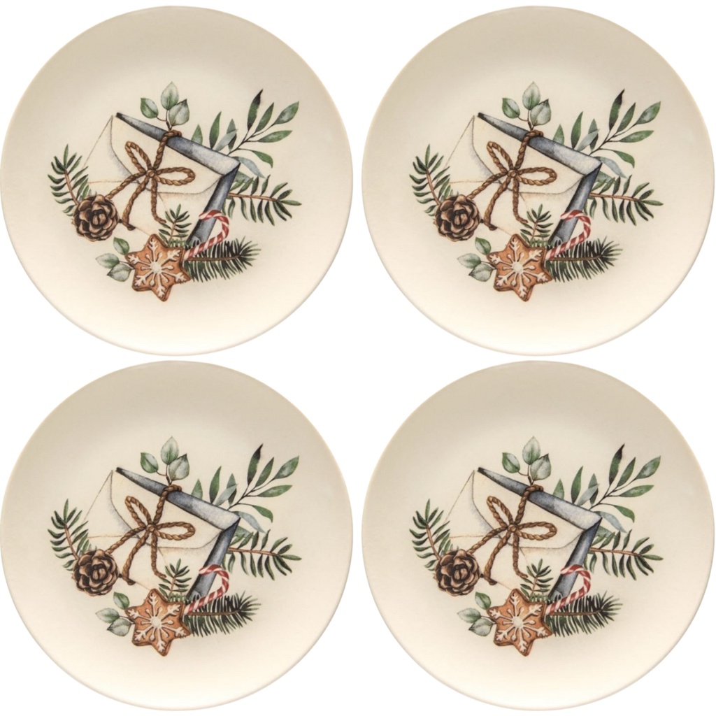 Jogo de Pratos de Sobremesa de Cerâmica Aquarelle Memorias de Natal Mesa Posta Natalina 4 Peças