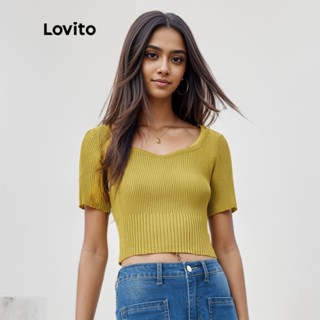 Lovito Casual Blusa Feminina Lisa Básica de Tricô com Manga Curta L52AD057 (Verde/Preta)