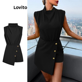 Lovito Elegante Macacão Feminino Liso Assimétrico com Botão de Metal L74ED375