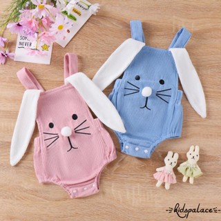 qwe-Baby Girls Boys Rompers Rabbit Bordados Bunny Ears Straps Fatos De Verão Roupas De Páscoa Casuais