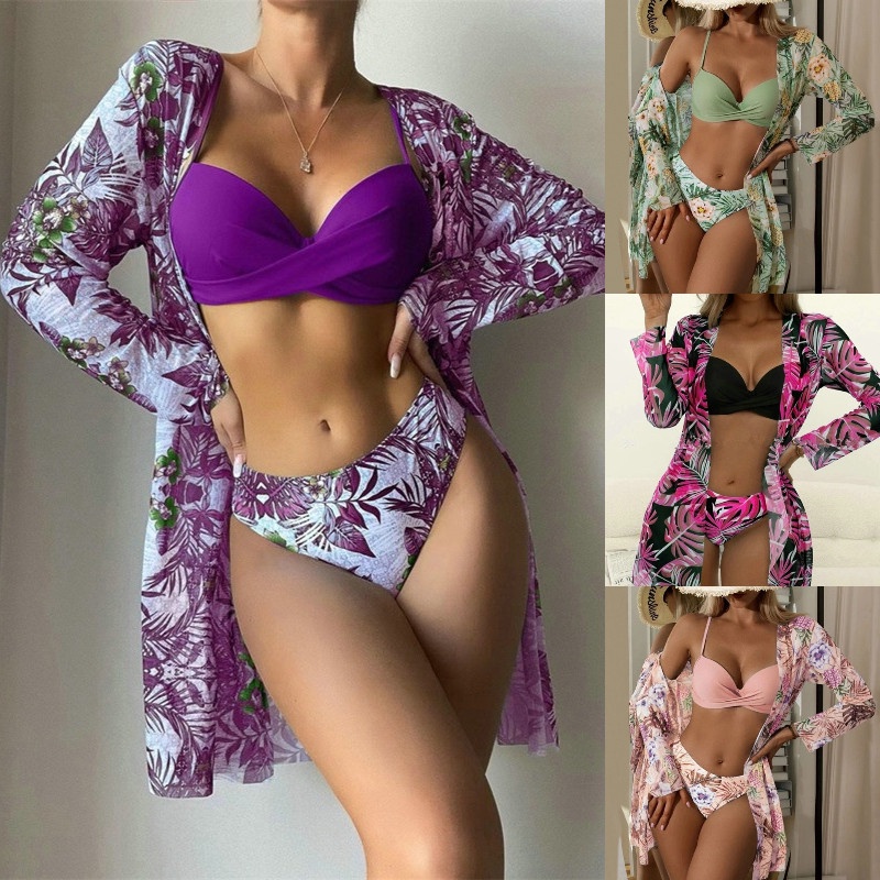 Biquíni Cintura Alta kit 3 biqini feminino com bojo biquine conjunto Camisa De Três Peças Estampa kimono Rosa
