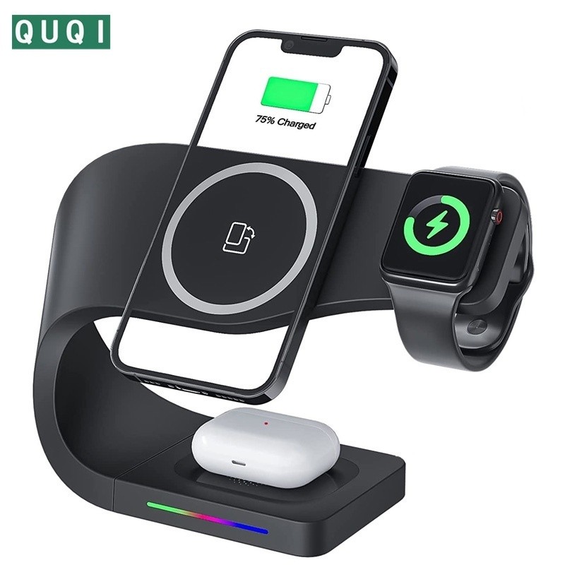 Base Magnética 3 em 1 para iPhone 14-12 - Carregamento Rápido 15W + LED de Status (Certificado MFi)